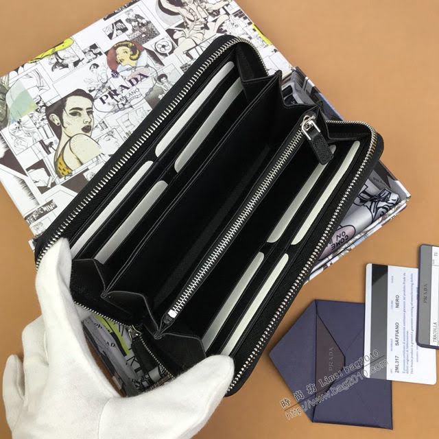 prada錢包 普拉達2020最新款限量版拉鏈錢夾 2ML317 Prada鯨魚圖案黑色長錢包  pyd2409